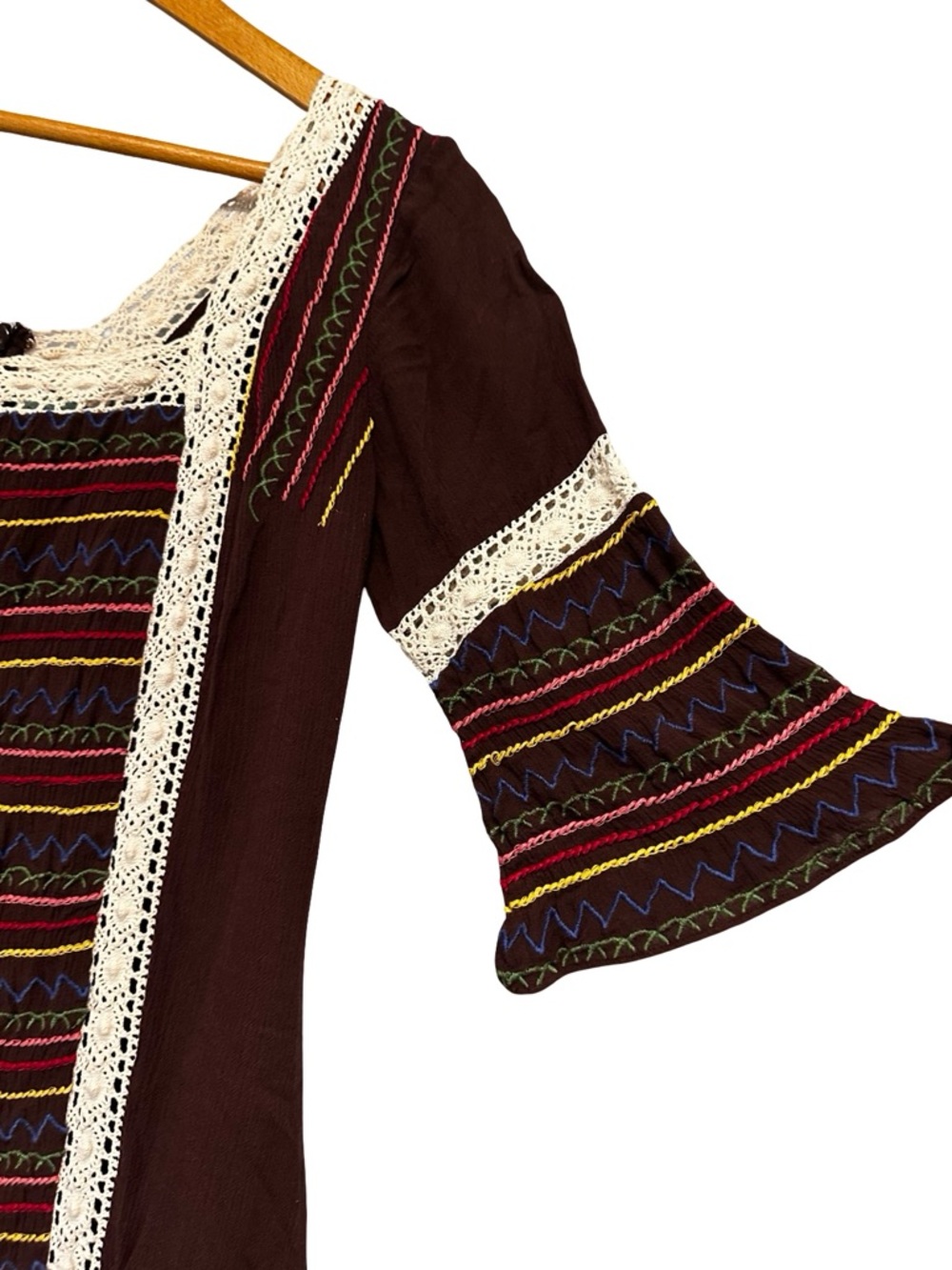 Judith March Boho Embroidered Mini Dress Sz S Brown Lace Peasant Sleeve Festival - Picture 4 of 10